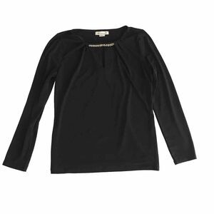 Liz Claiborne Dressy Top Women's Size M Black Keyhole Neck w/ Beads Long Sleeve